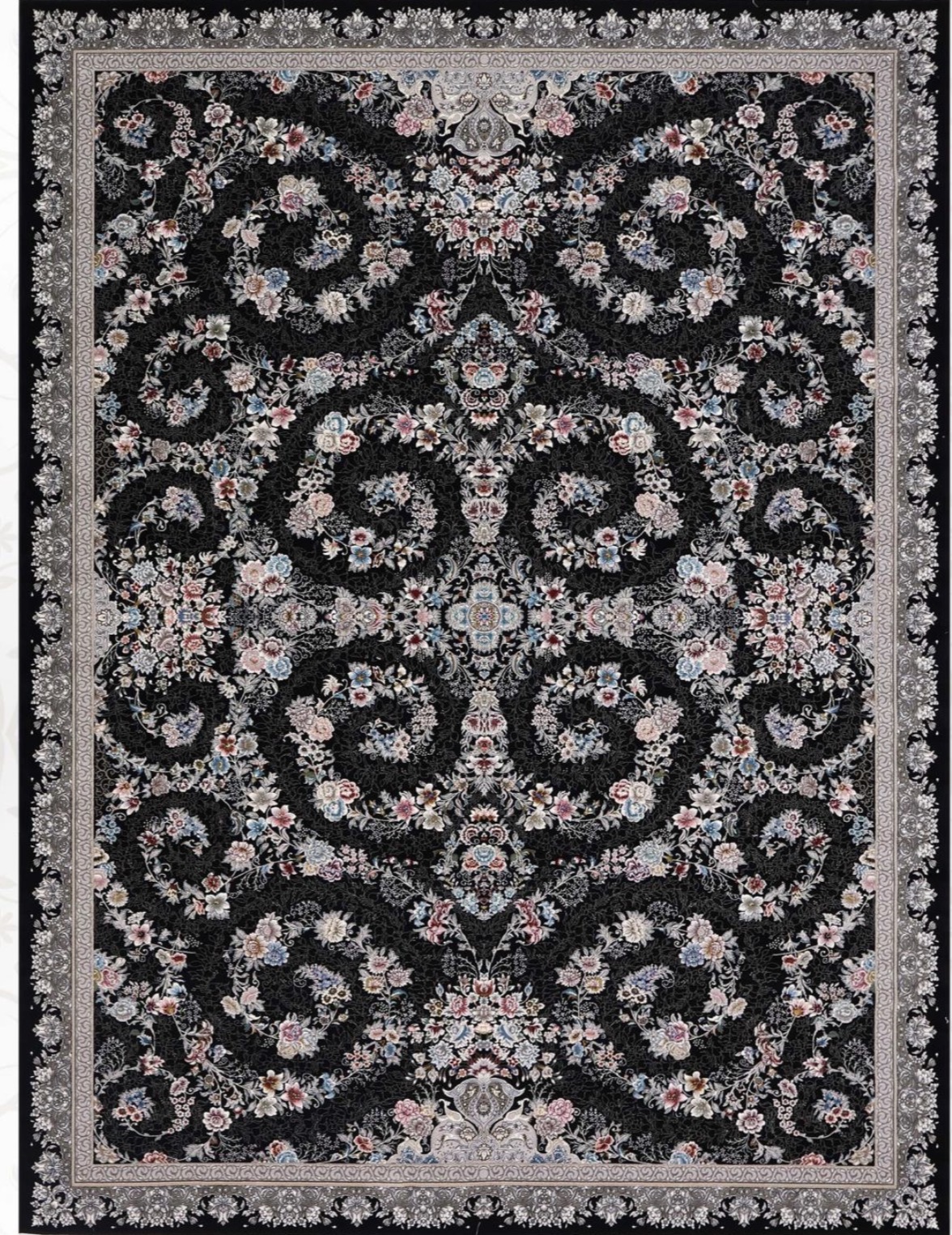 فرش ۷۰۰ شانه ۶ متری کاشان رنگ سرمه ای طرح ترنم khan