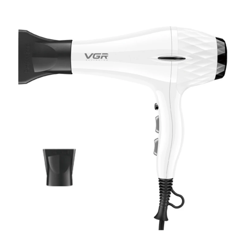 سشوار حرفه‌ای 2200 وات وی جی ار مدل V-413، موتور AC، وزن 802 گرم، المنت سرامیک تورمالین، دارای سری متمرکز‌کننده باریک، متمرکز‌کننده پهن با ویژگی صاف‌کنندگی، حجم‌دهندگی، با قابلیت باد سرد