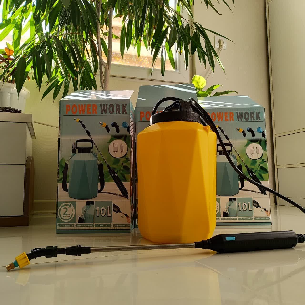 سمپاش شارژی 10 لیتری وارداتی پاورورک power work همراه کابل شارژ لانس تلسکوپی استیل سم پاش شارژی لوازم جانبی بدنه مواد نو