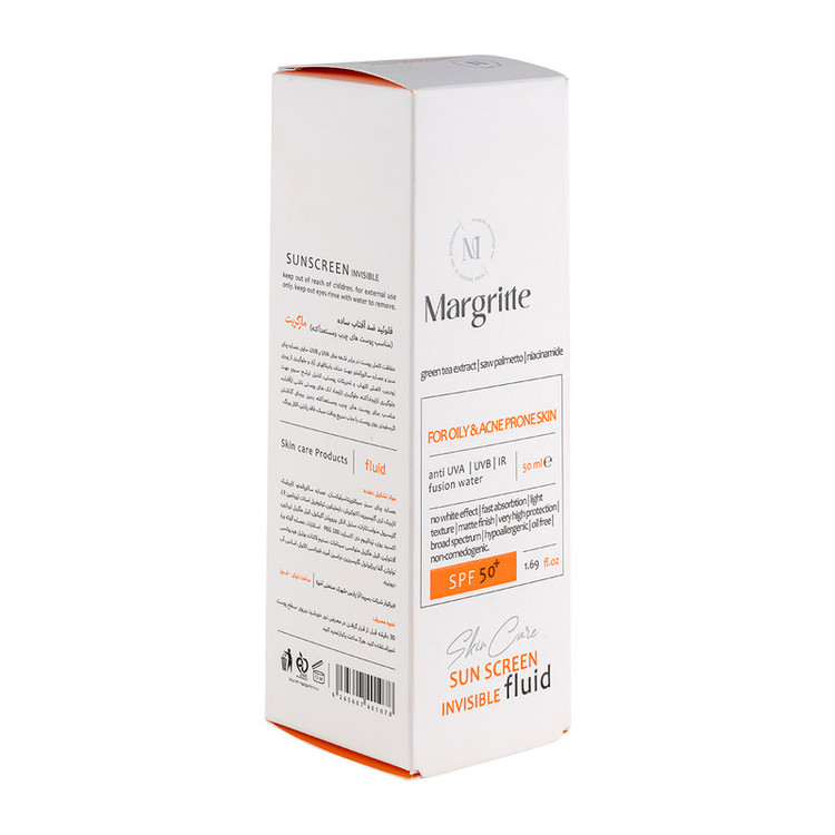 فلوئید ضد آفتاب بدون رنگ مارگریت SPF 50 مدل OAC محافظ UVB , UVA ضد لک و روشن کننده، مناسب برای پوست های چرب و آکنه ای حجم 50 میلی لیتر