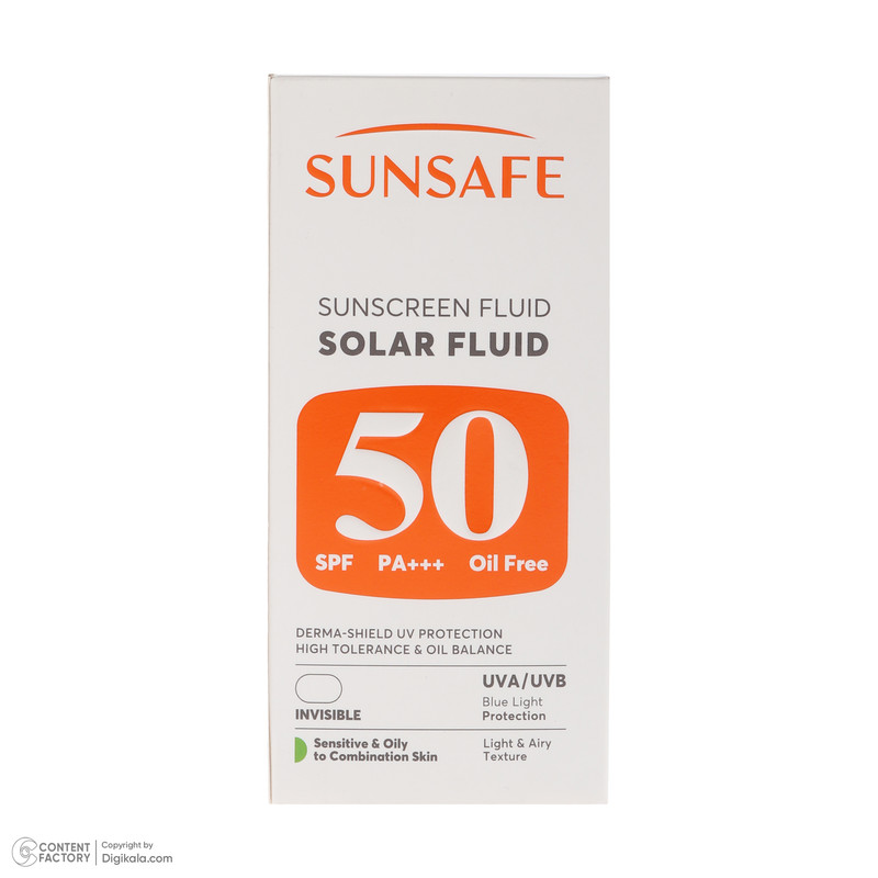 فلوئید ضد آفتاب بیرنگ صورت و بدن سان سیف SPF 50 مدل Solar محافظ در برابر اشعه UVA و UVB مناسب برای پوست حساس و چرب حجم 50 میلیلیتر