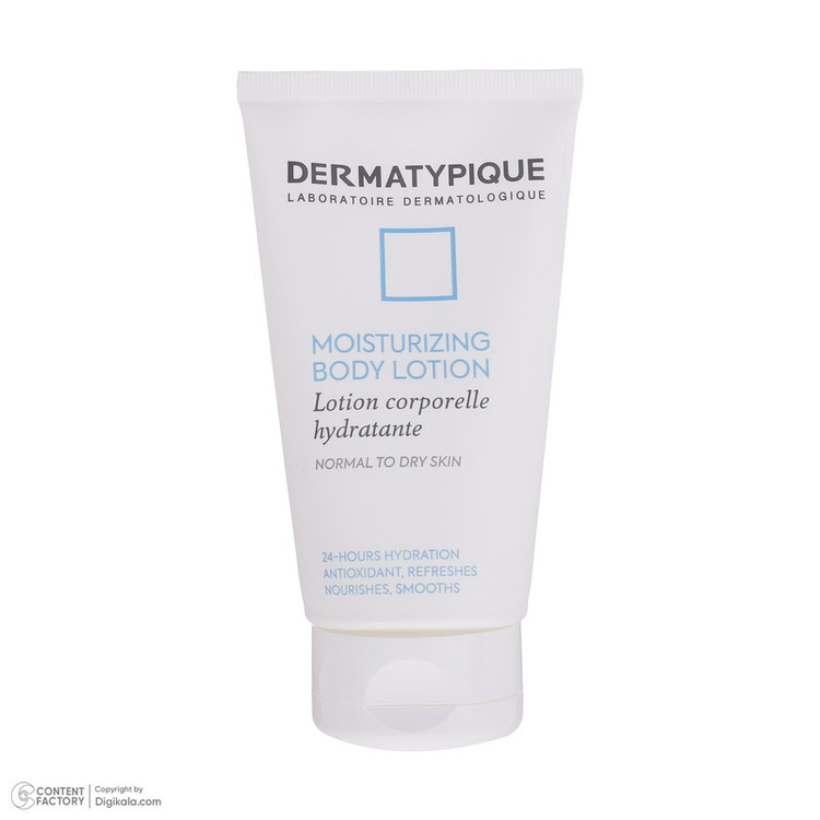 لوسیون بدن درماتیپیک مدل MOISTURIZING حجم 150 میلیلیتر، مرطوب کننده و آبرسان، حاوی هیالورونیک اسید، روغن آرگان و جوجوبا، مناسب پوست معمولی تا خشک، ضد التهاب و پیشگیری از پیری زودرس