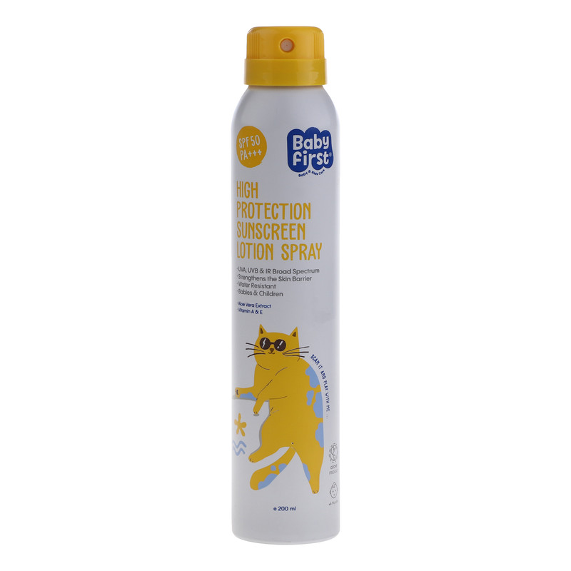 اسپری ضد آفتاب بدون رنگ بیبی فرست SPF 50 مدل پروبیوتیک محافظت کننده در برابر اشعه UVB,UVA با PA+++ مناسب پوستهای معمولی حجم 200 میلیلیتر