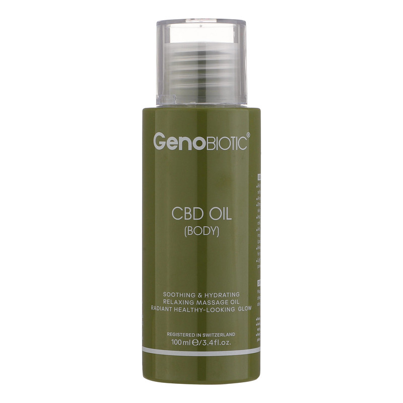 روغن بدن ژنوبایوتیک مدل CBD حجم 100 میلی‌لیتر، حاوی روغن جو، اسطوخودوس و کانابیس