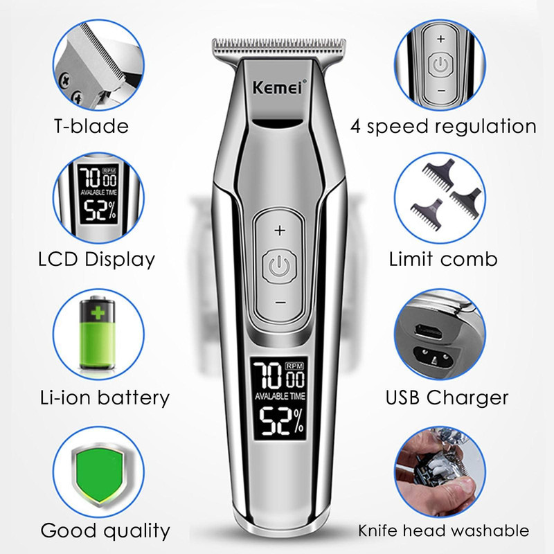 ماشین اصلاح موی سر و صورت کیمی مدل KM-5027 Professional با تیغه تیتانیوم پیشرفته، باتری لیتیوم یون 1400 میلیآمپر، شارژ تایپسی، طراحی ارگونومیک و قابلیت استفاده خشک و مرطوب