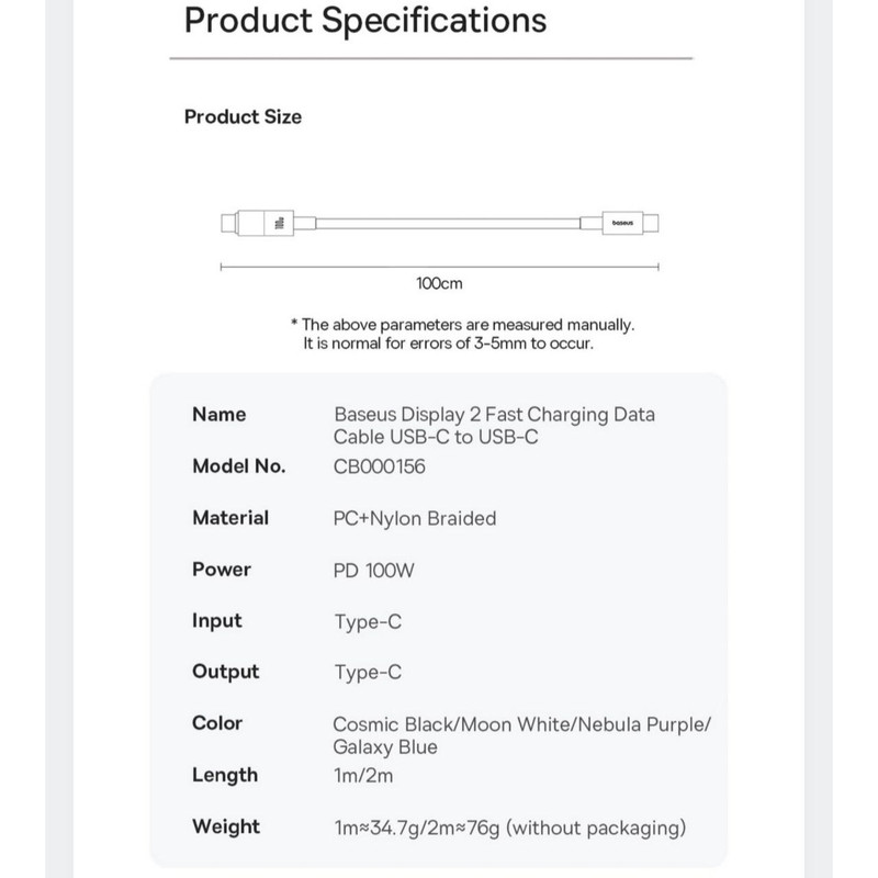کابل تبدیل USB-C بیسوس مدل Display 2 Fast Charging طول 2 متر