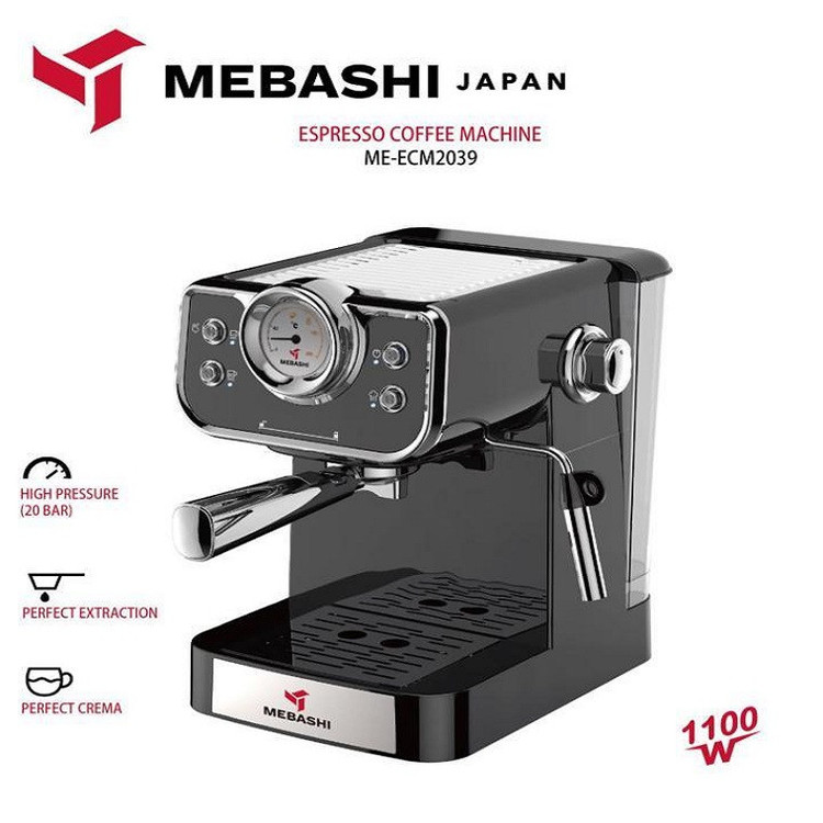 اسپرسو ساز خانگی 1.5 لیتری مباشی مدل ME-ECM 2039، نیمه اتوماتیک با مصرف پودر قهوه، مناسب تهیه اسپرسو و کاپوچینو، دارای یک عدد نازل قهوه، سیستم گرم کردن فنجان