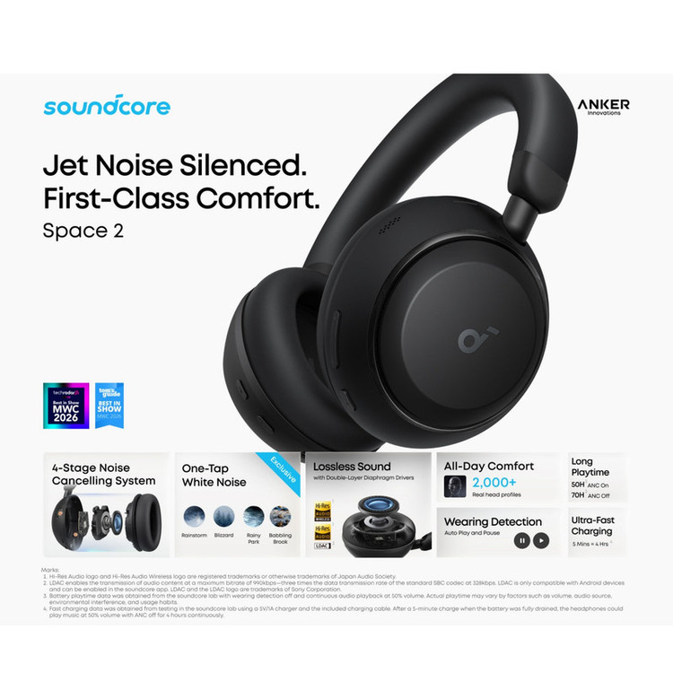 هدفون بلوتوثی انکر مدل Soundcore Space 2 با نویز کنسلینگ فعال ANC، صدای Hi-Res و شارژدهی تا 70 ساعت