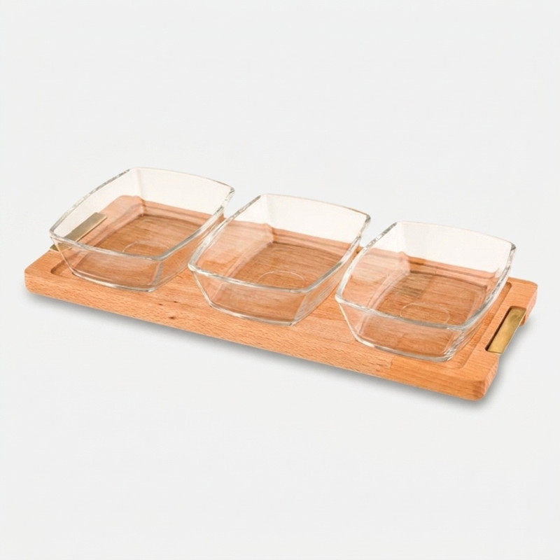 اردوخوری لیمون مدل مستطیل با پایه چوبی و بدنه شیشه‌ای، مجموعه 3 عددی، کد FIDOKA-2245، ابعاد 29×12×4 سانتیمتر، مناسب شستشو با دست و ماشین ظرفشویی