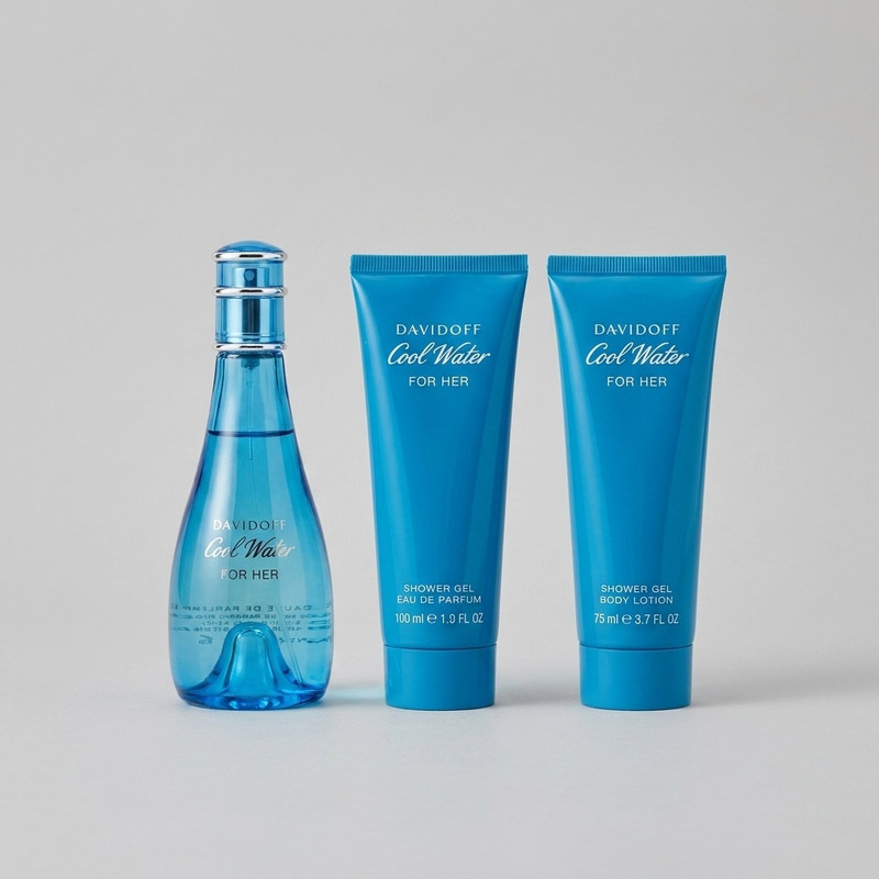 ست ادوپرفیوم زنانه دیویدف مدل Cool Water حجم 100 میلی لیتر به همراه لوسیون بدن زنانه دیویدف مدل Cool Water حجم 75 میلی لیتر و شامپو بدن زنانه دیویدف مدل Cool Water حجم 75 میلی لیتر
